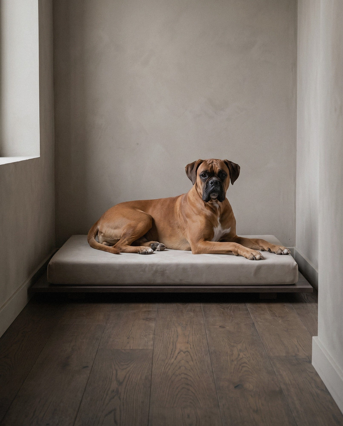 Boxer on the Kumo orthopedic dog bed by Jeff&Co